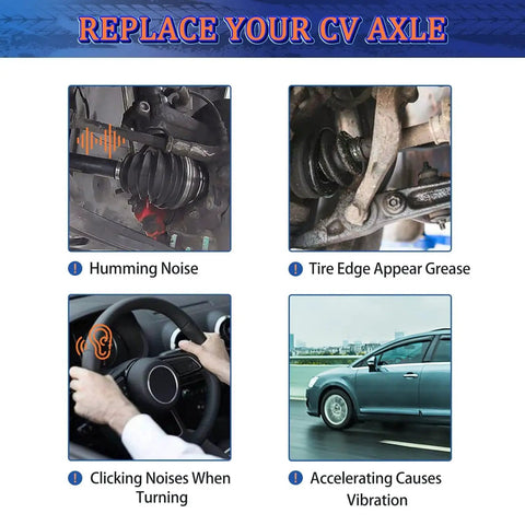 Diagram showing signs to replace CV axle: noise, grease, clicking, vibration; related to front CV axle pair for Chevy 4WD 2007-2020