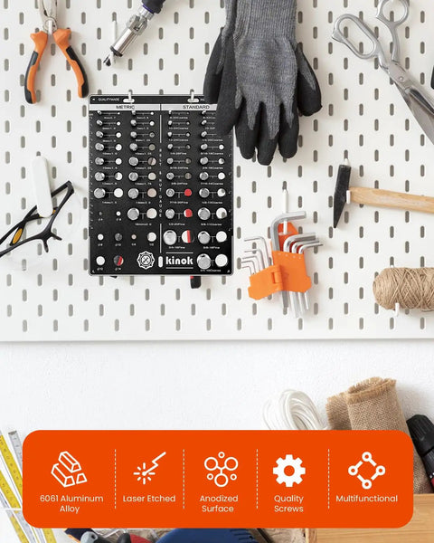 Bolt Size Finder And Thread Gauge Kit Kinok 42 Thread Checker With 19 Standard And 15 Metric Sizes And 8 Drill Bits For Quick Go No Go ANSI Class 2B Precision mounted on a workshop pegboard with tools.