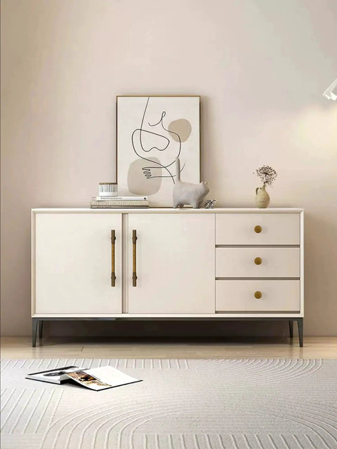 White cabinet with antique brass cabinet knobs, showing 10 pack 28mm round single hole drawer pulls, zinc alloy on drawers and doors.