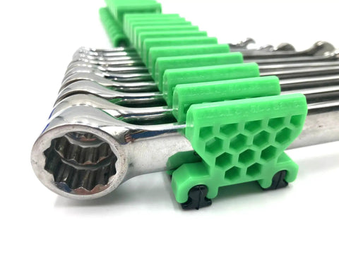 Close-up of Space Saving Wrench Organizer Set With Infinitely Adjustable Dividers Holds Up To 42 Wrenches and Lets You Stand or Lay Flat