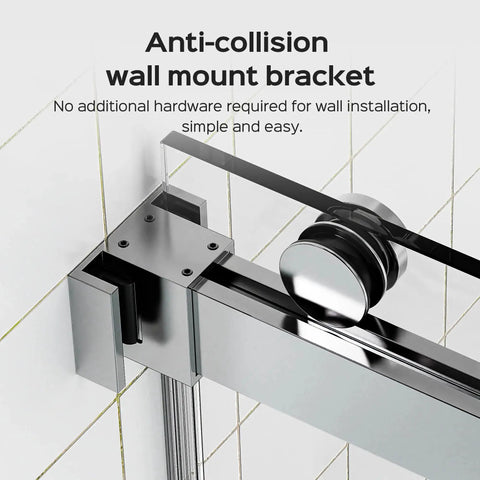 Close-up of anti-collision wall mount bracket for Frameless Double Sliding Shower Door With Adjustable Width To 56 To 60 Or 68 To 72 Inch Openings 10mm Tempered Glass Stainless Steel Hardware Towel Bar Handle Waterproof Seals Chrome Finish Reversible Installation No Soft Close.