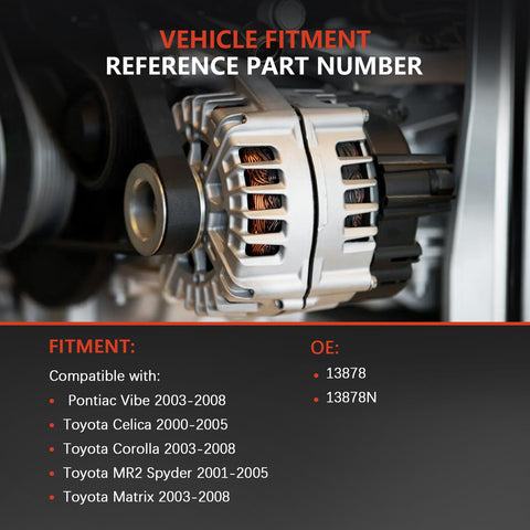 Installed Beefed-Up Alternator Replacement For Toyota Corolla Matrix Celica MR2 Spyder And Pontiac Vibe 2000-2008 1.8L 80 Amp 6 Groove Pulley Fits 13878 13878N 102211 Series Replacement Part Numbers