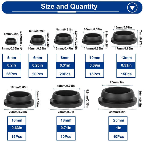 Chart showing sizes and quantities of the 130Pcs Silicone Hole Plugs Set In Eight Sizes For Round Holes Black Rubber Plugs For Furniture Use.