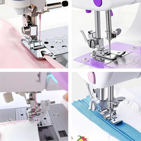 Qeykizy 11-piece presser feet kit for low-shank sewing machines; snap-on rolled hem and invisible zipper feet shown