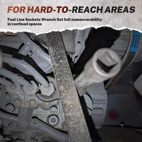 Six Piece Long Flex Head Crowfoot Line Wrench Set With Three Eighths Inch Drive in use on tight engine fuel line