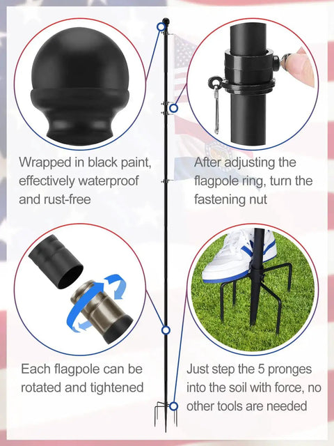 Instructional graphic for 10 Ft In Ground Flag Poles Kit For Double Flag Display with 5-prong base, showing assembly steps on a lawn.