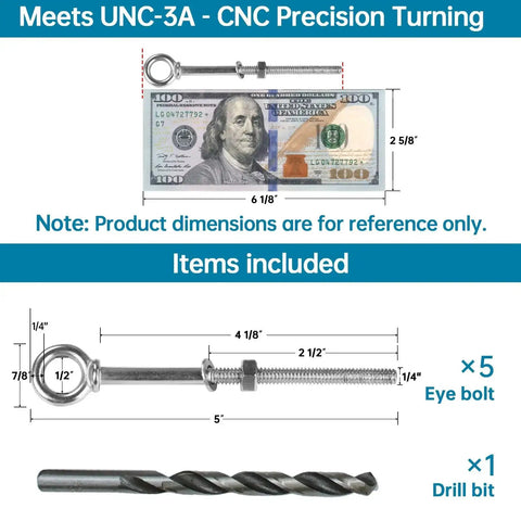 Dimensions and components of Five Pack Heavy Duty Stainless Steel Eyebolts With Nuts And Washers And Drill Bit Quarter Inch Threaded Eyebolts