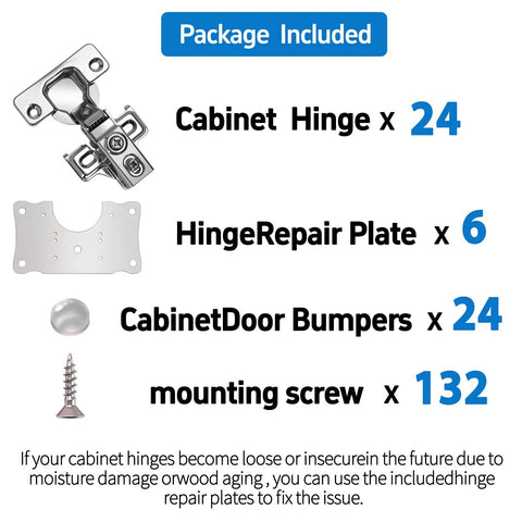 Cabinet hinge set: 24 stainless 105° self-closing hinges, 6 hinge repair plates, 24 cabinet door bumpers, 132 screws