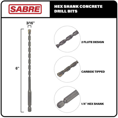 Carbide Tipped Masonry Drill Bit Set Five Pack For Concrete Brick Stone Three Sixteenths Inch By Six Inch With One Quarter Inch Hex Shank For Impact Drivers And Drills Sabre Tools, showing design details and size.