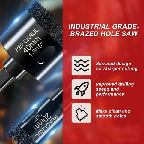 Close-up view of REKCKRUL diamond hole saws showing serrated edges, labeled '40mm' and '20mm', for ceramic glass tile granite marble.