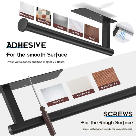 Image showing No Drill Under Cabinet Paper Towel Holder With Self Adhesive Wall Mount detailing adhesive and screw installation options.