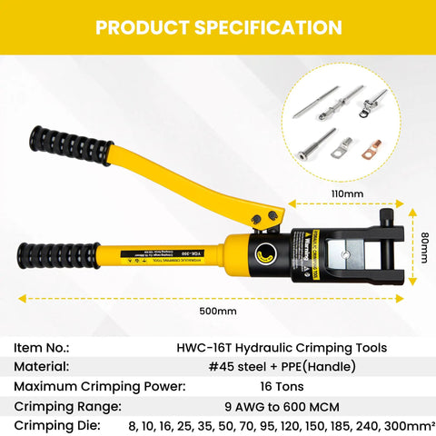 Beefy 16 Ton Hydraulic Wire Crimping Tool With 13 Die Pairs For 9 AWG To 600 MCM Copper And Aluminum Wires, Side Entry