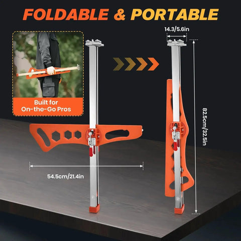 Foldable Drywall Cutter Tool For Home Renovation With Laser Etched Dual Scale Cuts One Quarter Inch, Three Eighths Inch, And One Half Inch Gypsum Board Portable Drywall Cutting Tool With Dual Positioning Red And Ten Replacement Blades shown folded on a table.