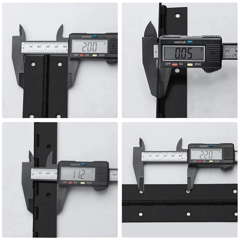 Piano hinge, 2 in open width x 20 in long, two-pack, black stainless with holes, Amazon.

Piano hinge side view, black stainless, 0.06 in thick, with mounting holes, Amazon.

Piano hinge close-up, black stainless, 0.06 in thick, holes along leaves, Amazon.

Piano hinge installed on cabinet door, black stainless, 20 in long, 2 in open width, Amazon.