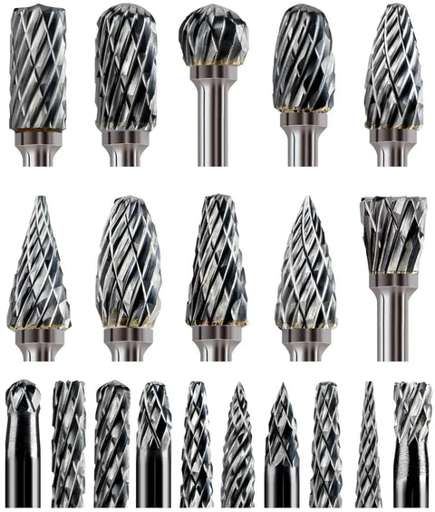 Three Collets and Twenty Carbide Burr Bits Set For Rotary Tools With One Eighth Inch Shank, various shapes and sizes.
