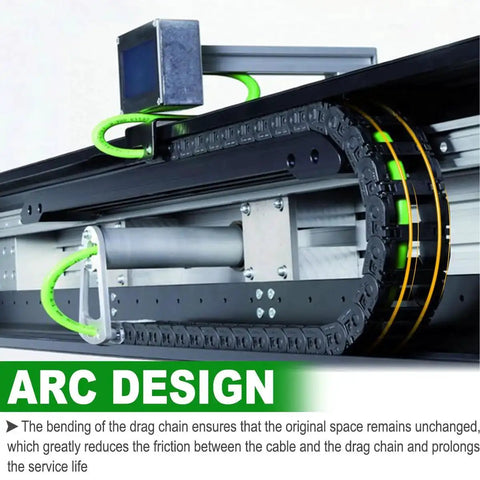 Flexible Drag Chain Cable Wire 10x15mm Internal Size Black Open Type installed in CNC router, showing arc design and cable management.