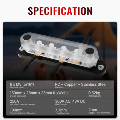 Heavy Duty 12 Volt Bus Bar Power Distribution Block With Six Sixteenth Inch Terminal Studs M8, Handles Up To 48V DC And 250A, Perfect For Car Boat Solar Systems, Easy Cable Termination And Solid Grounding image showing transparent material and specs.