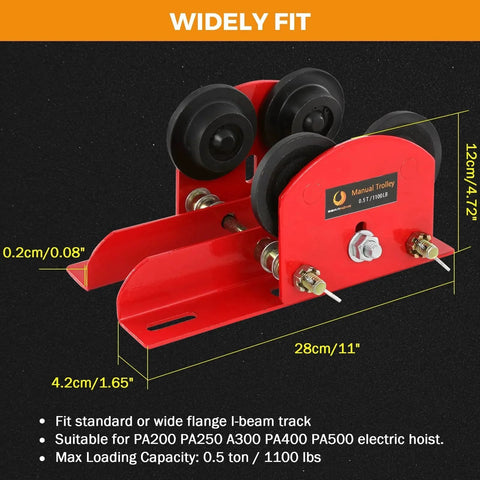 Manual Trolley For I Beams With Wide Flange 1.57 To 4.64 Inches Universal Fit Heavy Duty 0.5 Ton 1102 Lbs Capacity displayed on black background