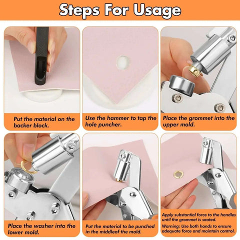 Step-by-step usage of 3/8 Inch Grommet Tool Kit With 800 Eyelets, showing process on fabric with handheld metal grommet pliers.