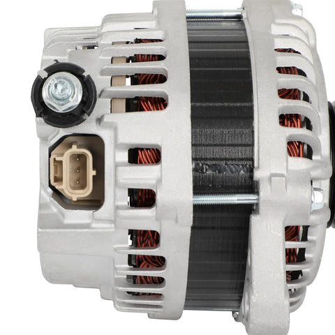 Side view of Drop In High Performance Alternator Replacement For 2009 To 2013 Mazda 6 And 2007 To 2015 Mazda CX 9 Bolt On 12 Volt OE Style A003TJ2391 Direct Fit For Easy Install Long Life Performance Upgrade showing connections and metal casing.
