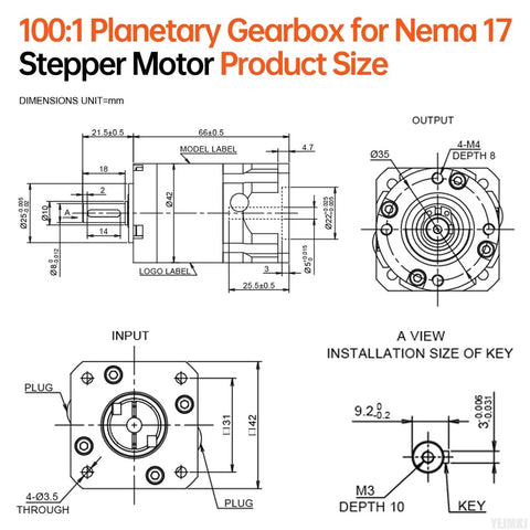 Dimensions diagram of a 100 To 1 Planetary Gearbox For Nema 17 Stepper Motor, 42 to 66mm body, showing input and output shaft sizes.