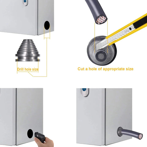 Rubber Grommets Wire Protection 28 Pcs Set Featuring Tower Type And Flat Type Firewall Hole Plugs in use with a panel enclosure