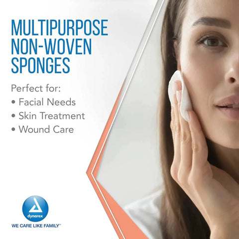 Person using nonwoven gauze sponge on face, highlighting multipurpose needs for facial, skin treatment, and wound care by Dynarex.
