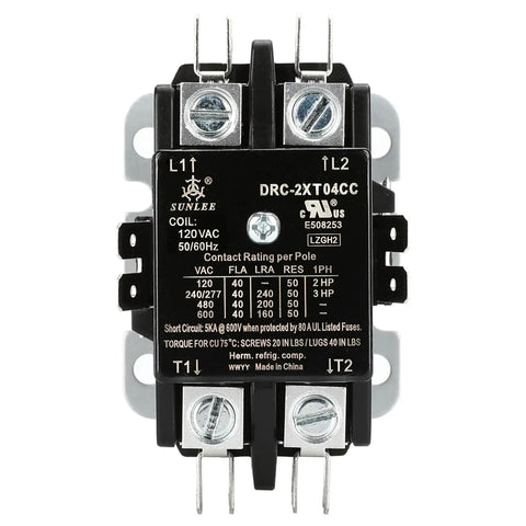 Heavy Duty 2 Pole 40 Amp Contactor With 120V Coil UL Listed for HVAC Condensers and Compressors front view