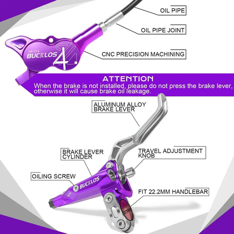 Bucklos HB-CP4 four-piston hydraulic MTB disc brake set; purple aluminum lever, front 850mm and rear 1550mm hoses