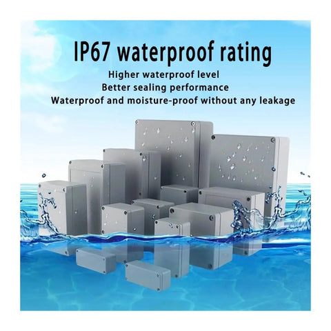 Stack of IP67 rated waterproof aluminum enclosures in water, showcasing rugged explosion-proof push button switch box cast aluminum IP67 weatherproof junction enclosure for outdoor electrical projects dustproof and anti-corrosion electronics housing heavy-duty industrial metal box FA3-1 188x120x78mm.