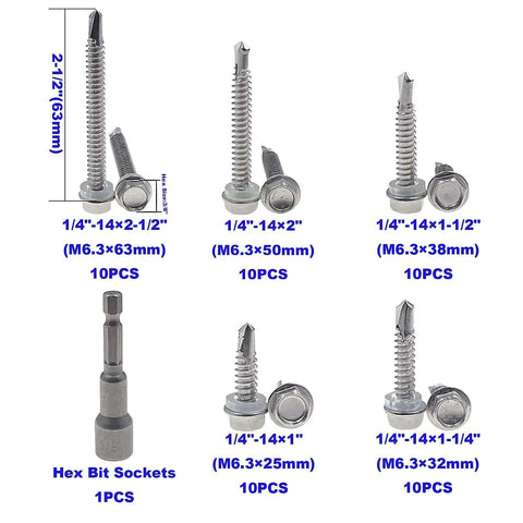 Self Drilling TEK Screws Kit For Metals In 410 Stainless Steel With Hex Head M6.3 Threads and Hex Bit Socket