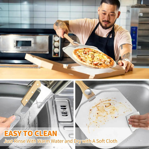 Pizza Peel And Rocker Cutter Set For Home Kitchen With Aluminum Paddle 12 By 14 Inches And Four 14 Inch Rocker Cutters shown in use and being cleaned.