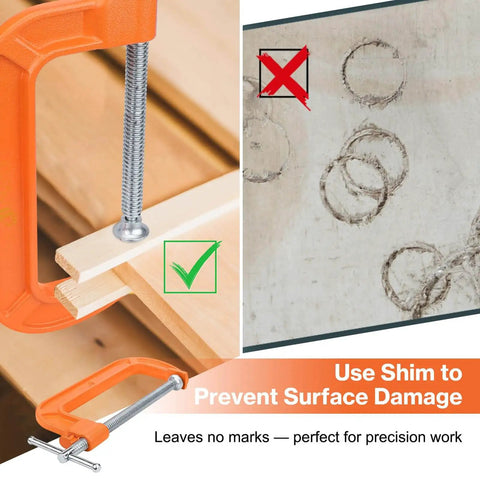 6 Inch Quick Release C Clamp With Button used with shims to prevent surface damage during woodworking projects