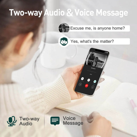 Person using phone displaying two-way audio feature of Wireless 2K Doorbell Camera with No Subscriptions, 2 Way Audio, Instant Alerts
