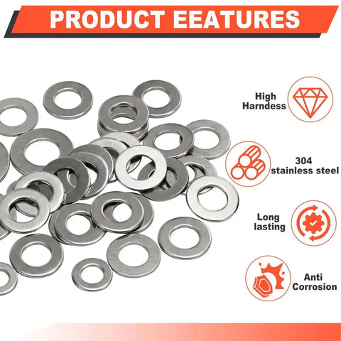 600 Piece Flat Washers Set For Screws And Bolts 304 Stainless Steel Assortment Kit With 7 Sizes showing features like hardness and anti-corrosion.