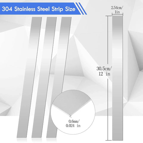 304 Stainless Steel Shim Stock Set 12 Inch Length, 1 Inch Width, 0.024 Inch Thick Metal Strips with size details