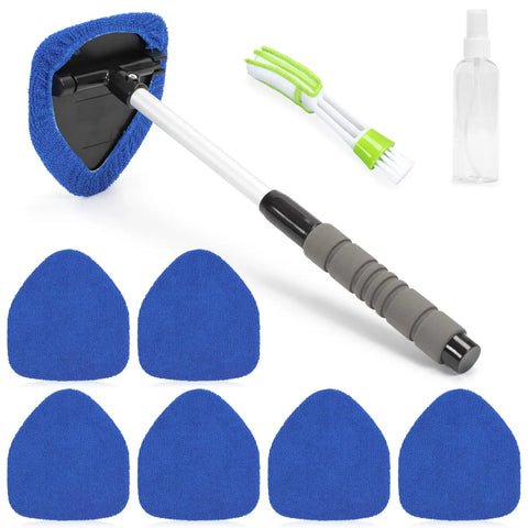 Expandable Car Window Cleaning Kit With Telescopic Handle Six Reusable Microfiber Pads Spray Bottle Vent Dust Brush Interior Dust Brush All In One No Mess Car Glass Cleaner Tool Blue showing six blue triangular pads, a telescopic handle, and spray bottle.