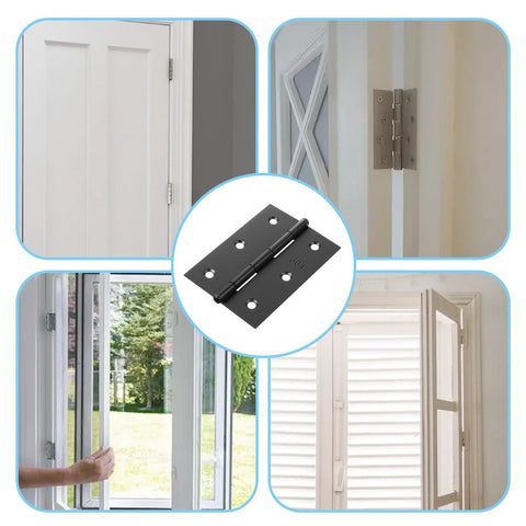 Two 3-inch stainless steel black-finish folding butt door hinges with 12 screws, shown installed on doors and windows.