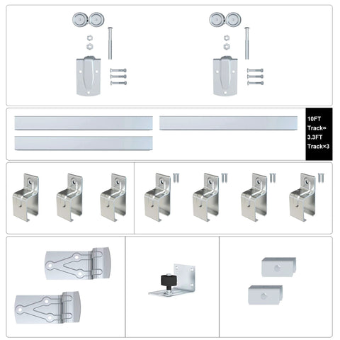 Heavy Duty 10 Foot Galvanized Outdoor Sliding Barn Door Hardware Kit With 450 Lb Capacity Exterior Track System components spread out