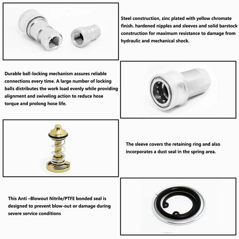 Hydraulic quick-disconnect coupler 3/8 NPT with CEKER ISO 7241-A fittings; steel, zinc finish, ball-locking mechanism