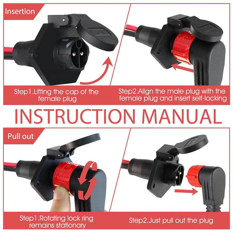 Trolling motor plug and receptacle, 8 GA 2-wire, waterproof with red twist-lock ring (instruction manual image)
