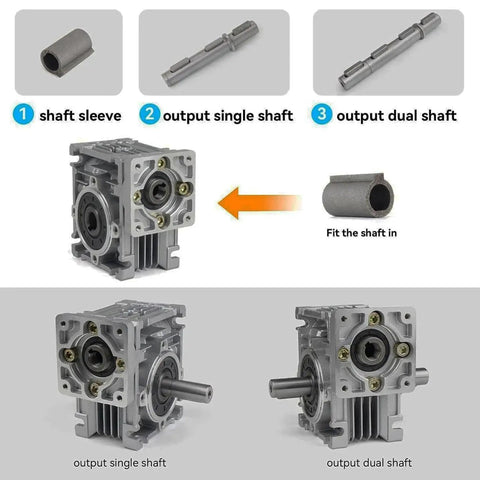 NMRV030 Worm Gearbox Square Type Speed Reducer for NEMA23, showing shaft options and aluminum alloy housing, 50:1 gear ratio.