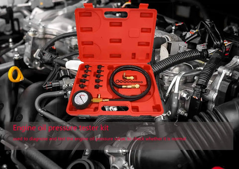 All In One Engine Oil Pressure Tester Kit 0 To 140 PSI Gauge For Cars ATVs And Trucks open on vehicle engine
