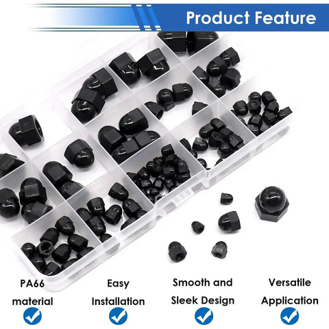 Six Size Hex Acorn Cap Nut Covers Kit For M3 To M10 Bolts, Nylon Screw Caps For Indoor Outdoor Use, 110 Pieces Assortment in case