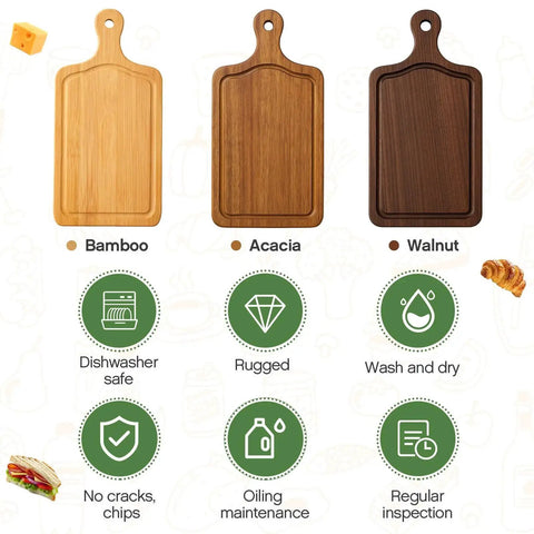 Bamboo, acacia, and walnut charcuterie boards with maintenance icons for dishwasher safety, ruggedness, wash and dry, no cracks, oiling, and inspection.