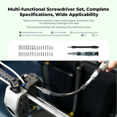 All In One Must Have 74 Piece 3D Printer Tool Kit For All FDM Printers With Nozzle Cleaning Tools Filament Cutter Scrapers Wrenches Screwdrivers And Finishing Gear For Quick Assembly Removal And Maintenance Creality with multifunctional screwdrivers set and swivel hose on Creality printer