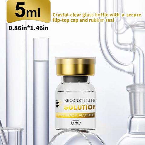 5 mL glass vial with gold cap labeled Reconstitution Solution 0.9% Benzyl Alcohol