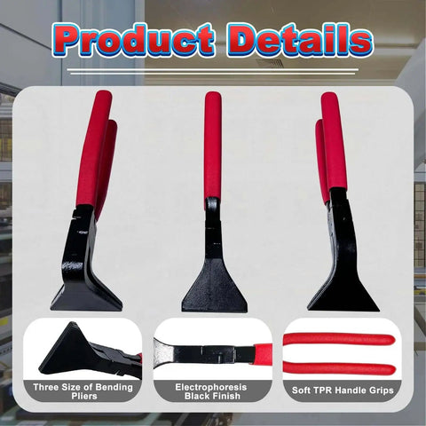 3 Piece Hand Seamers Set With Straight Jaw, 45 Degree, And 90 Degree Pliers, red handles, black finish, tool details shown