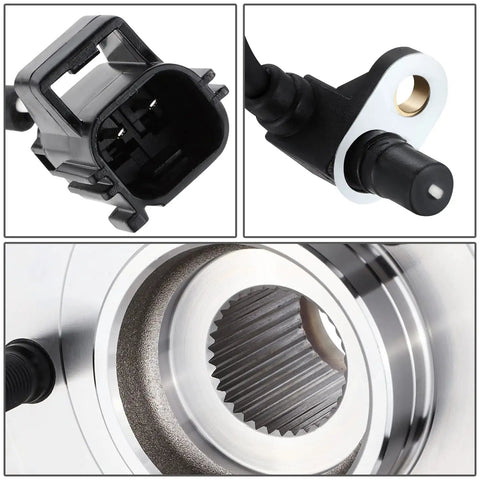 Factory Style Front Wheel Bearing Hub Assembly With ABS Sensor Plug For Dodge Ram 1500 4x4 2002-2005 Replacement On Driver Or Passenger Side Bare Steel Ready To Install, close-up of connector, sensor, and hub components.