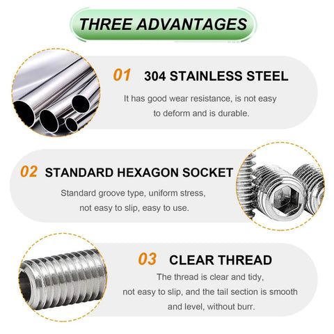 Infographic showing advantages of 304 Stainless Steel Metric Set Screw Kit with M3 M4 M5 M6 M8 sizes, highlighting durability, hex socket, and clear thread.